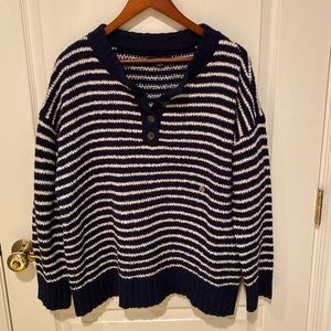 Navy Blue & White Quarter-Buttoned Sweater
